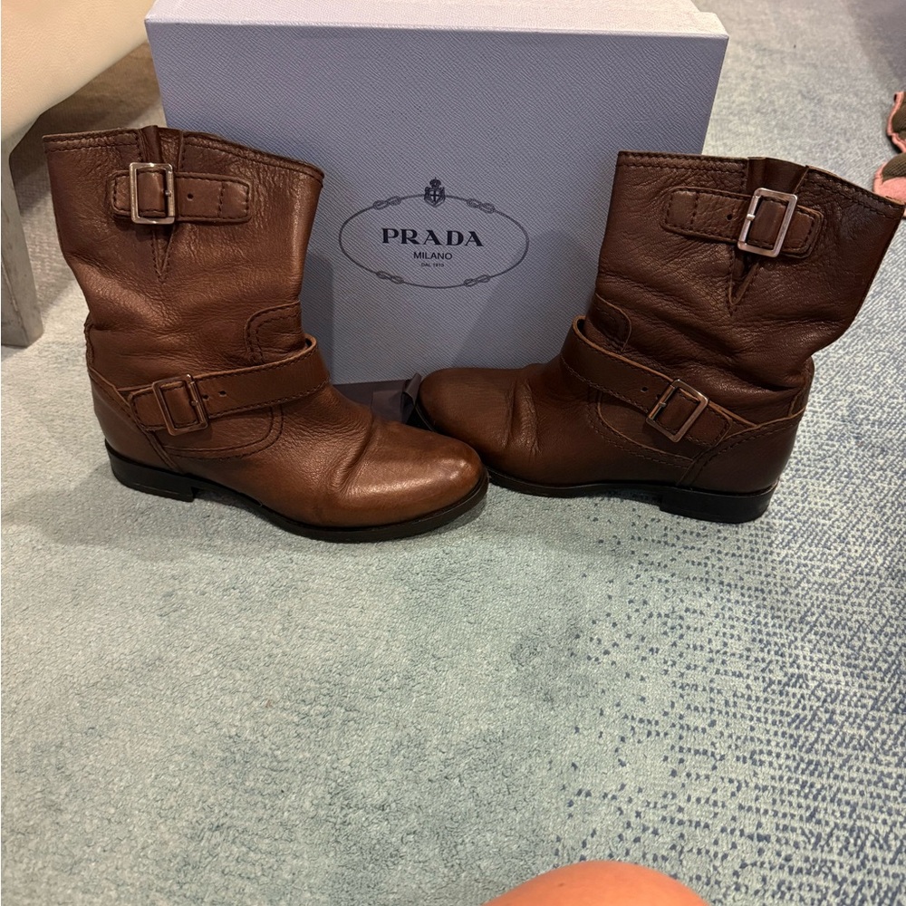 Prada Brown Leather Moto Ankle Boots 36 1/2 EU/ 6.5 US